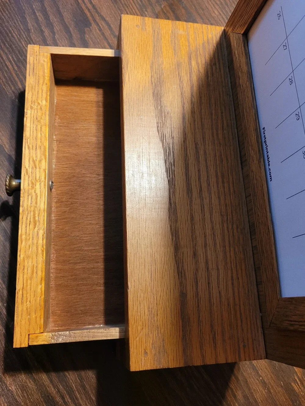Vintage Oak Desktop Hanging Calendar Holder with Drawer Cottage Core